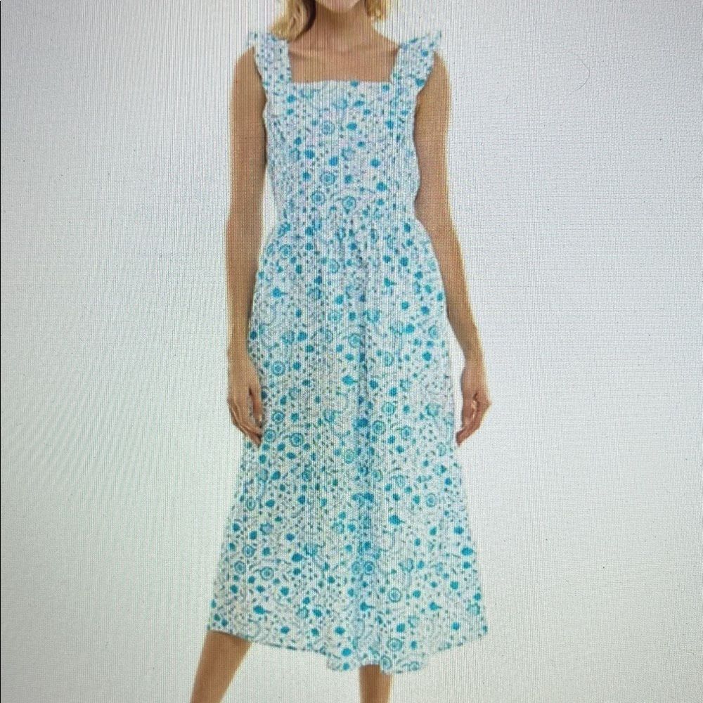 Draper James Floral Smocked Ruffle Midi Dress Blue & White Pockets Size Medium